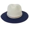 Foldable two-tone straw Panama hat in cream and navy blue with pearl chain band - M(56-58cm) / Beige And Navy Blue (354-G)
