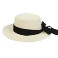 Flat top straw boater hat in cream white featuring a wide black ribbon and side bow detail - 56-58cm / Black Ribbon Bow (041G) / Cream