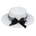White flat-top straw sun hat with black lace trim, large bow, and pearl accent - Ribbon Bow Decoration Style (306H)