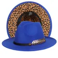 Cappello fedora blu reale con tesa leopardata e fibbia in metallo a forma di piuma - Taglia unica(56-58cm) / Blu (241-K)
