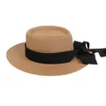 Flat top straw hat with medium brim and black ribbon bow for French beach style - 56-58cm / Black Ribbon Bow (041H) / Khaki