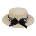Women's boater straw hat in beige with black lace ribbon bow and elegant pearl accents - Ribbon Bow Decoration Style (306I)