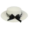 Elegant beige straw boater hat with black lace, pearls, and a large satin bow accent - Ribbon Bow Decoration Style (306J)