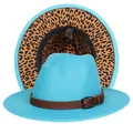 Cappello fedora azzurro con tesa leopardata e cinturino in pelle marrone con fibbia - Taglia unica(56-58cm) / Azzurro (242-J)