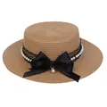 Flat top straw sun hat featuring black lace ribbon, bowknot, and elegant pearl accents - Ribbon Bow Decoration Style (306K)