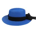 Royal blue straw boater hat for women featuring a black ribbon bow decoration - 56-58cm / Black Ribbon Bow (041K) / Blue