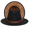 Cappello fedora nero con tesa leopardata e cinturino in pelle marrone con fibbia - Taglia unica(56-58cm) / Nero (242-D)