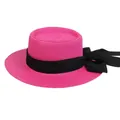 Elegant rose red straw boater hat featuring a flat brim and chic black ribbon bow - 56-58cm / Black Ribbon Bow (041L) / Rose Red