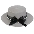 Gray flat-top straw boater hat featuring black lace, satin bow, and pearl decorations - Ribbon Bow Decoration Style (306L)