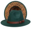 Cappello fedora verde scuro con tesa leopardata e dettaglio cinturino in pelle marrone - Taglia unica(56-58cm) / Verde Scuro (242-B)