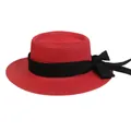 Elegant red boater straw hat with black ribbon bow for women's summer beach vacation - 56-58cm / Black Ribbon Bow (041M) / Red