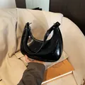 Elegant black glossy oiled leather underarm baguette bag with adjustable strap for women - No Pendant / Black