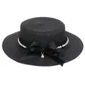 Elegant black woven straw sun hat with pearl chain and silk bow decoration - Ribbon Bow Decoration Style (306M)