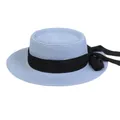 Light blue flat top straw boater hat with black ribbon bow for summer beach vacation - 56-58cm / Black Ribbon Bow (041N) / Sky Blue