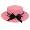 Pink straw boater hat with black lace ribbon, large satin bow, and pearl flower accents - Ribbon Bow Decoration Style (306N)