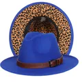 Cappello fedora blu reale con tesa leopardata e cinturino in pelle marrone elegante - Taglia unica(56-58cm) / Blu (242-K)