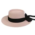 Flat top straw boater hat in nude pink featuring a wide black ribbon bow decoration - 56-58cm / Black Ribbon Bow (041P) / Light Pink