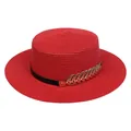 Women's red straw boater hat featuring black ribbon and a golden leaf ornament - Metal Leaf Style (307A)