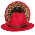 Cappello fedora in feltro rosso con tesa leopardata e cinturino in pelle marrone - Taglia unica(56-58cm) / Rosso (242-G)
