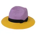 Panama straw hat with purple crown and yellow wide brim featuring a black ribbon bow - M(56-58cm) / Purple And Yellow (356-D)