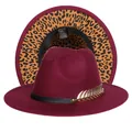 Cappello Fedora bordeaux con tesa interna leopardata e decorazione piuma dorata - Taglia unica(56-58cm) / Rosso Vino (241-I)