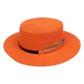 Orange woven straw boater hat featuring a black ribbon band and golden feather ornament - Metal Leaf Style (307B)