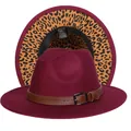 Cappello Fedora bordeaux con fodera leopardata e cintura decorativa in pelle marrone - Taglia unica(56-58cm) / Rosso Vino (242-I)