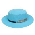 Summer bright blue woven boater hat with black leather band and golden feather ornament - Metal Leaf Style (307C)