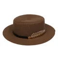 Dark brown flat top boater hat with black ribbon and a gold leaf metal ornament - Metal Leaf Style (307D)