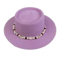 Purple woven boater hat with bohemian shell and wood bead decorative band - 56-58cm / Shell and Bead Decoration (042B) / Purple