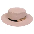 Pink straw boater hat for women with black leather band and golden leaf accent - Metal Leaf Style (307E)