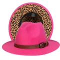 Cappello Fedora rosa con tesa leopardata e cinturino con fibbia stile vintage - Taglia unica(56-58cm) / Rosa Rosso (242-H)