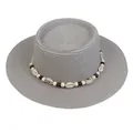 Gray boater straw hat with ethnic shell and bead band for summer beach vacation - 56-58cm / Shell and Bead Decoration (042C) / Gray