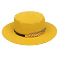 Yellow straw boater hat with black ribbon and gold metal feather accessory for women - Metal Leaf Style (307F)
