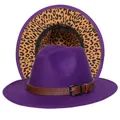 Cappello Fedora viola con fodera leopardata e cinturino decorativo in pelle marrone - Taglia unica(56-58cm) / Viola (242-L)