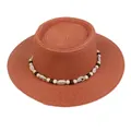 Flat top straw hat in brick red featuring bohemian shell and bead band for summer beach - 56-58cm / Shell and Bead Decoration (042D) / Caramel color