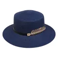 Navy blue straw boater hat with black ribbon and golden wheat metal ornament - Metal Leaf Style (307G)
