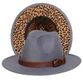 Cappello fedora grigio chiaro in lana con cinturino in pelle e tesa leopardata - Taglia unica(56-58cm) / Grigio (242-A)
