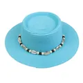 Sky blue flat top straw hat with elegant shell and wooden bead decorative band - 56-58cm / Shell and Bead Decoration (042E) / Lake Blue
