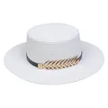 White boater hat featuring black band with a gold leaf accent and flat brim design - Metal Leaf Style (307H)