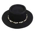 French style black straw boater hat with bohemian shell and wooden bead decoration - 56-58cm / Shell and Bead Decoration (042F) / Black