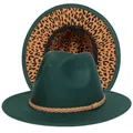 Cappello fedora verde scuro con elegante fodera leopardata gialla e fascia intrecciata - Taglia unica(56-58cm) / Verde Scuro (235-B)