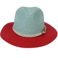 Foldable mint green and red straw Panama hat with rope detail and gold buckle accent - M(56-58cm) / Mint Green And Red (357-C)