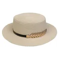 Women's beige flat top straw hat with black band and golden leaf metallic detail - Metal Leaf Style (307I)