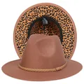 Cappello fedora marrone con fodera leopardata e fascia intrecciata per uomo e donna - Taglia unica(56-58cm) / Cammello (235-E)
