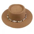 Light brown straw flat top hat with seashell bead band for beach summer style - 56-58cm / Shell and Bead Decoration (042H) / Khaki