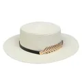 Elegant beige straw boater hat featuring a black band and gold leaf metal ornament - Metal Leaf Style (307J)