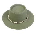 Elegant green flat top straw hat with bohemia shell and wooden bead decoration - 56-58cm / Shell and Bead Decoration (042I) / Green