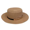 Straw boater sun hat in beige with black ribbon and golden leaf ornament for women - Metal Leaf Style (307K)