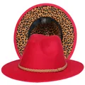 Cappello fedora rosso con fascia intrecciata kaki e fodera interna con stampa leopardata - Taglia unica(56-58cm) / Rosso (235-G)